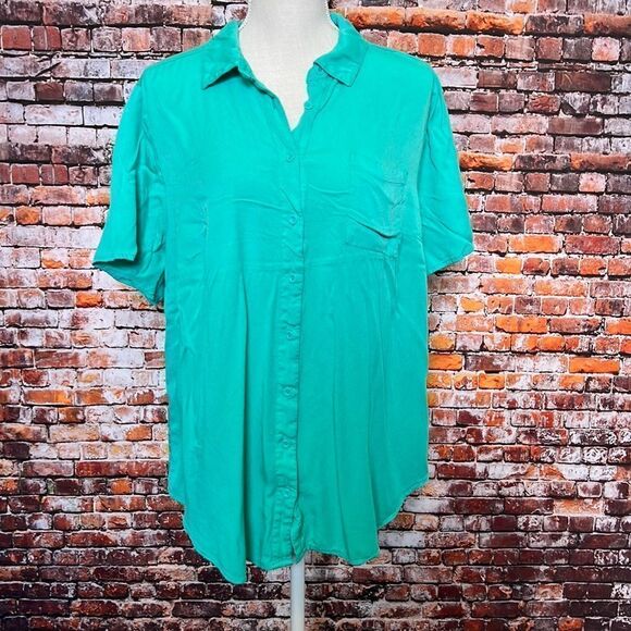 Torrid Aqua Green Stretch Challis Button-Front Shirt - Picture 3 of 7